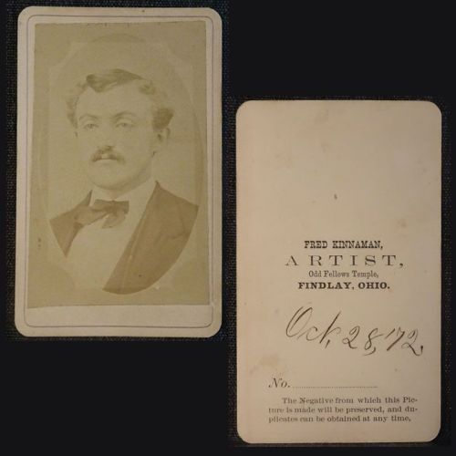 Antique CDV Carte De Visite: Man sporting a mustache and western bow tie. Hand dated. Fred Kinnaman Findlay, Ohio: Front and Back View
