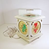 Antique wood style square electric oil warmer with side screens showing a different floral design. No 9: With Box View - Click to enlarge