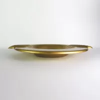 Quality Foods Market round metal salesman sample vintage ashtray with wings. Gold with black graphics: Side View - Click to enlarge
