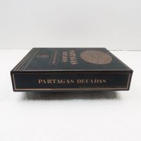 Partagas Decadas 1998 cigar box with three cigar tin carry case. Gold graphics on black. Both empty: Left Side View - Click to enlarge