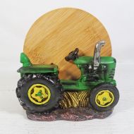 Green Farm Tractor Figurine and Bamboo Coasters Set