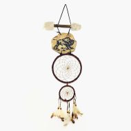 Dream Catcher with image of a buffalo imprinted on a rock hanging from a stick and webbed hoops. Feathers and beads: Front View