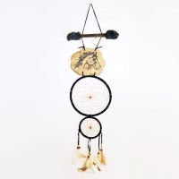 Dream Catcher with image of a horse head imprinted on a rock hanging from a stick and two webbed hoops. Feathers and beads: Front View - Click to enlarge