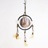 Dream Catcher with round canvas print of a deer buck with large antlers on the alert in the woods. Dreamcatcher Wall Hanging: Front View - Click to enlarge