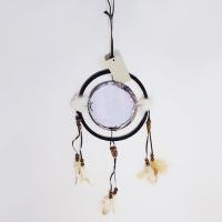 Dream Catcher with round canvas print of a deer buck with large antlers on the alert in the woods. Dreamcatcher Wall Hanging: Back View - Click to enlarge