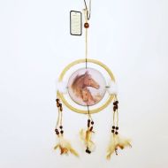Dream Catcher with round canvas print of a colt affectionally leaning on its mother. Dreamcatcher Wall Hanging: Front View