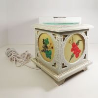 Antique wood style square electric oil warmer with side screens showing a different floral design. No 10: With Box View - Click to enlarge