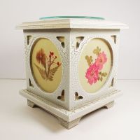Antique wood style square electric oil warmer with side screens showing a different floral design. No 10: Two Sides-FL View - Click to enlarge