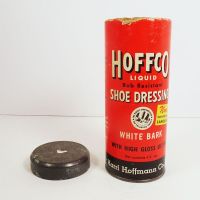Vintage Hoffco White Bark Liquid Shoe Dressing Empty Cardboard Canister with Metal Ends: Top Off View - Click to enlarge