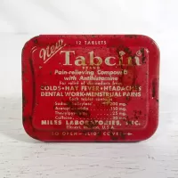 Vintage Tabcin pain relieving compound empty metal slider drawer tin. Red top with white graphics: Top - Click to enlarge