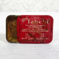 Vintage Tabcin pain relieving compound empty metal slider drawer tin. Red top with white graphics: Slide Open - Top - Click to enlarge