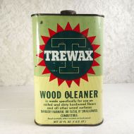 Trewax vintage one quart wood cleaner empty metal tin can container with metal twist off top: Front View