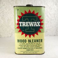 Trewax vintage one quart wood cleaner empty metal tin can container with metal twist off top: Front View - Click to enlarge