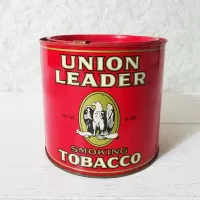 Union Leader vintage 14 oz. empty round tobacco tin with key. Black, white and gold graphics on red background: Front - Click to enlarge