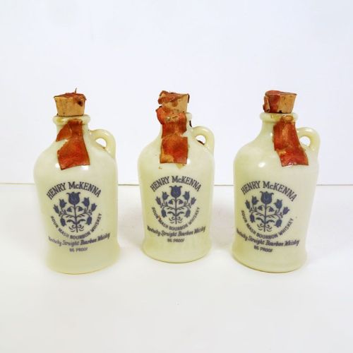 Set of 3 Vintage Miniature McKenna Bourbon Jugs with Corks and Paper Seals: Front View