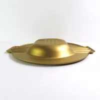 Quality Foods Market round metal salesman sample vintage ashtray with wings. Gold with black graphics: Bottom Side View - Click to enlarge