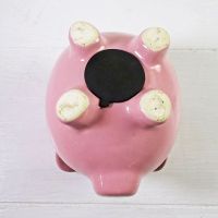 Pink Pig Humane Society Vintage Ceramic Piggy Bank with Rubber Stopper Bottom Feet View - Click to enlarge