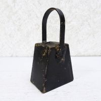 Vintage handmade welded metal cow bell with nut clapper and chipped black paint. Loud ring: Left Side View - Click to enlarge