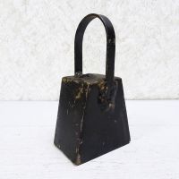 Vintage handmade welded metal cow bell with nut clapper and chipped black paint. Loud ring: Left Side - Click to enlarge