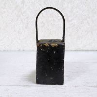 Vintage handmade welded metal cow bell with nut clapper and chipped black paint. Loud ring: Front View - Click to enlarge