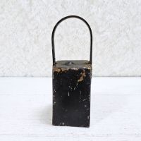 Vintage handmade welded metal cow bell with nut clapper and chipped black paint. Loud ring: Back View - Click to enlarge