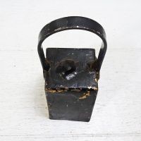 Vintage handmade welded metal cow bell with nut clapper and chipped black paint. Loud ring: Top - Click to enlarge
