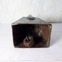 Vintage handmade welded metal cow bell with nut clapper and chipped black paint. Loud ring: Inside View - Click to enlarge