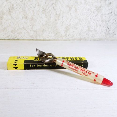 Vintage 1950s bottle can opener combo with sleeve. Cook's Food Center Tiffin Ohio. 2 Way Ready Opener: Main