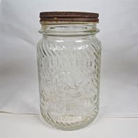 Jumbo Peanut Butter vintage clear glass jar with embossed elephant head: Front - Click to enlarge