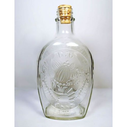 Vintage 1976 Log Cabin cornucopia fall harvest clear glass 24 oz empty bicentennial pancake syrup bottle: Back View