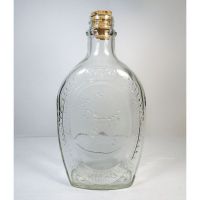 Vintage 1976 Log Cabin cornucopia fall harvest clear glass 24 oz empty bicentennial pancake syrup bottle: Front View - Click to enlarge