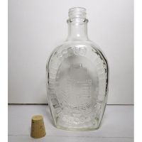Vintage 1976 Log Cabin with Flag, plow and barrel clear glass 24 oz empty bicentennial pancake syrup bottle: Back Cork Out  View - Click to enlarge
