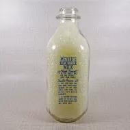 Meyer's Blue Ribbon Milk vintage clear glass acl one quart milk bottle with nice blue graphics: Front