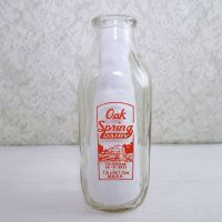 Oak Spring Dairy Taunton Mass. vintage quart ACL glass milk bottle with nice red and orange graphics: Front View - Click to enlarge