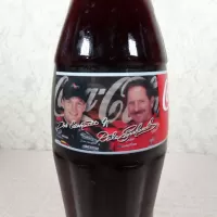 Dale Earnhardt Jr and Sr Nascar unopened 8 oz Coca Cola Classic bottle. Simulated signature. Checkered flag: Junior and Senior - Click to enlarge
