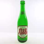Ale 8 One 12 oz vintage green glass longneck ACL soft drink bottle with red and white graphics: Front
