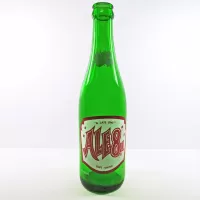 Ale 8 One 12 oz vintage green glass longneck ACL soft drink bottle with red and white graphics: Front - Click to enlarge