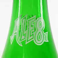 Ale 8 One 12 oz vintage green glass longneck ACL soft drink bottle with red and white graphics: Neck Logo - Click to enlarge