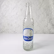 1967 Sun Crest Long Neck 10 oz Vintage ACL Soda Bottle. Blue white graphics. Raised ovals. #5a: Front