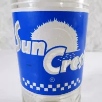 Sun Crest Beverages 10 oz Vintage ACL Soda Bottle. Blue white graphics. Raised ovals above and below label #4a: Logo - Click to enlarge