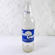 1966 Sun Crest 10 oz Vintage ACL Soda Bottle. Blue white graphics. Raised ovals above and below label #4b: Front