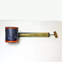 Gulf SpaceSprayer vintage bug sprayer. Metal tank, wood handle, 13 inch tube. Blue with white and orange accents: Bottom - Click to enlarge