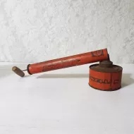Vintage Spra-Well bug sprayer with metal tank and wood handle. 11 inch tube. Orange with black accents: Right