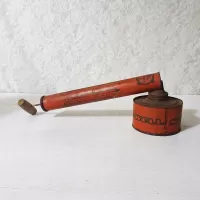 Vintage Spra-Well bug sprayer with metal tank and wood handle. 11 inch tube. Orange with black accents: Right - Click to enlarge