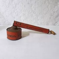 Vintage Spra-Well bug sprayer with metal tank and wood handle. 11 inch tube. Orange with black accents: Left - Click to enlarge