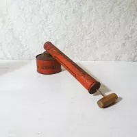 Vintage Spra-Well bug sprayer with metal tank and wood handle. 11 inch tube. Orange with black accents: Back - Click to enlarge