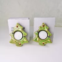Pair of ceramic tealight candle holders shaped like a Christmas tree with Xmas lights design: With Boxes View - Click to enlarge