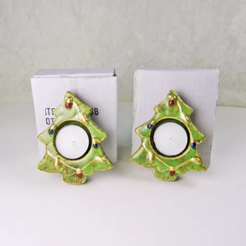 Pair of ceramic tealight candle holders shaped like a Christmas tree with Xmas lights design: With Boxes View