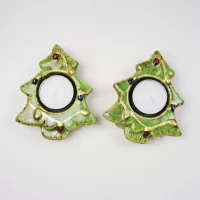 Pair of ceramic tealight candle holders shaped like a Christmas tree with Xmas lights design: With Candles View - Click to enlarge