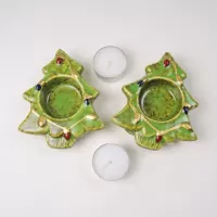 Pair of ceramic tealight candle holders shaped like a Christmas tree with Xmas lights design: No Candles View - Click to enlarge